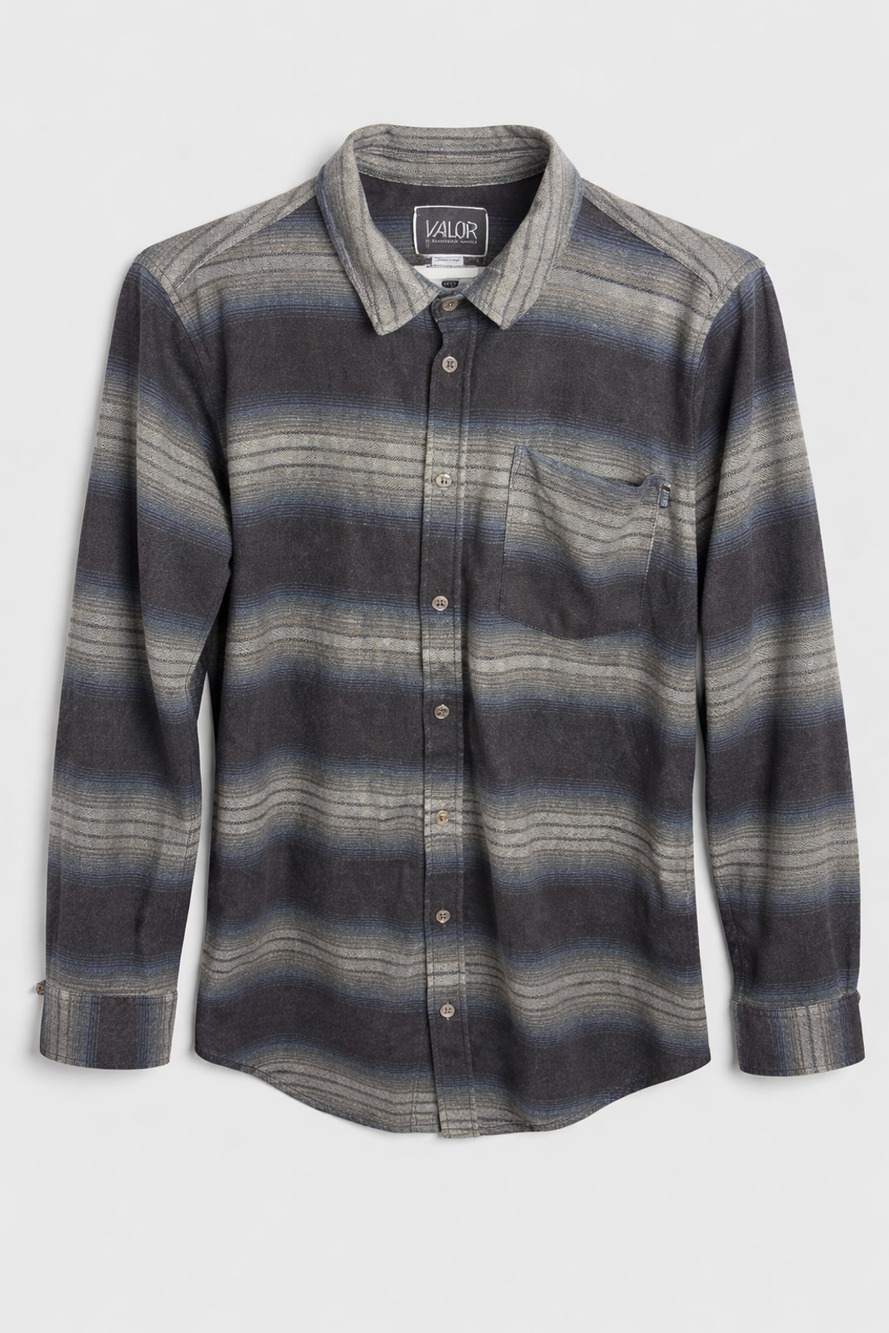 Valor Collective Button Front Flannel Shirt Gray Blue Striped Casual Soft M
